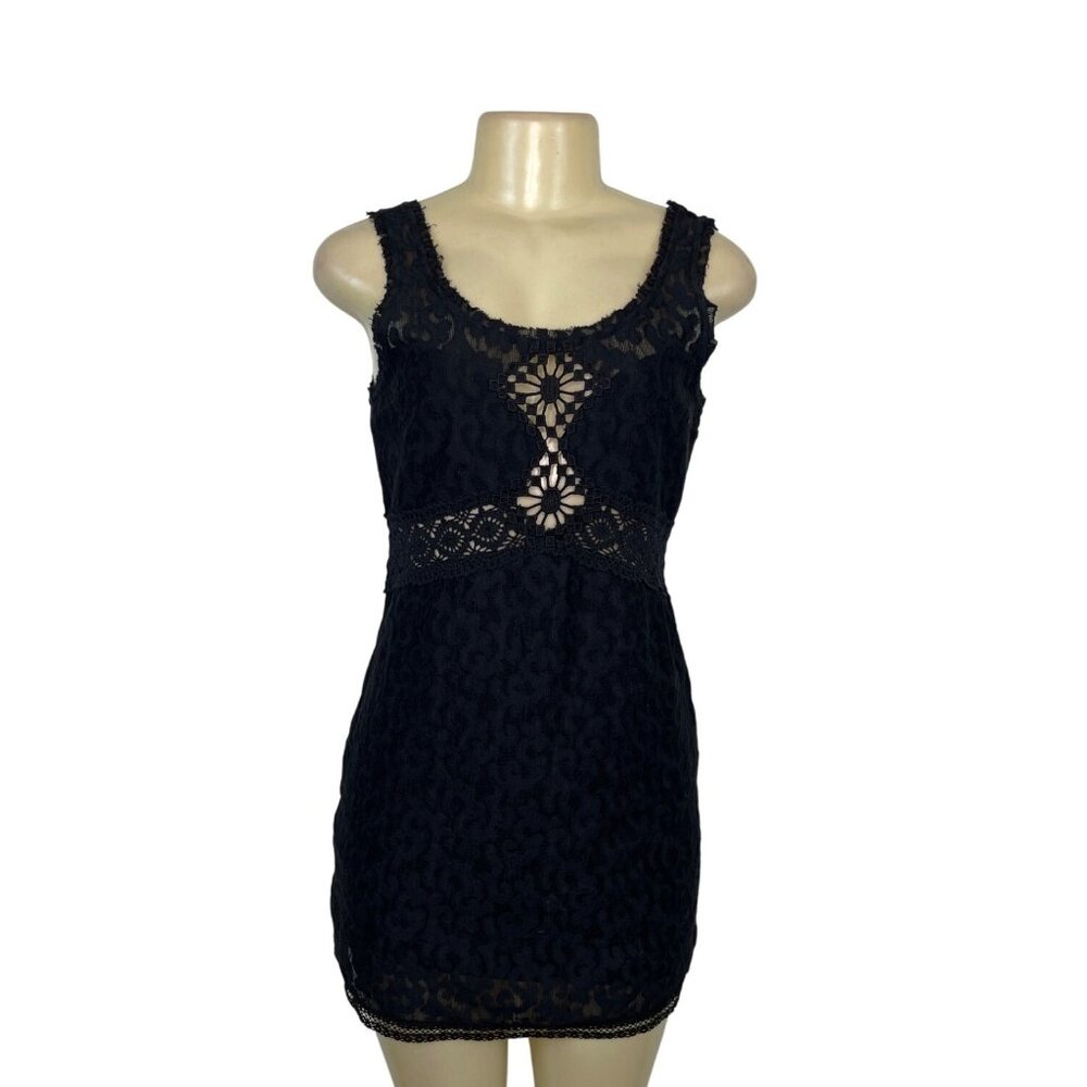 Free People Black Lace Sleeveless Mini Dress Sheer Details Size XS